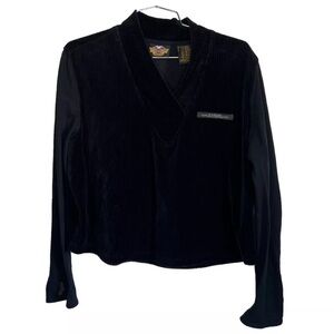 Harley Davidson V Neck Woman’s corduroy Long Sleeves Black Shirt Size Xlarge